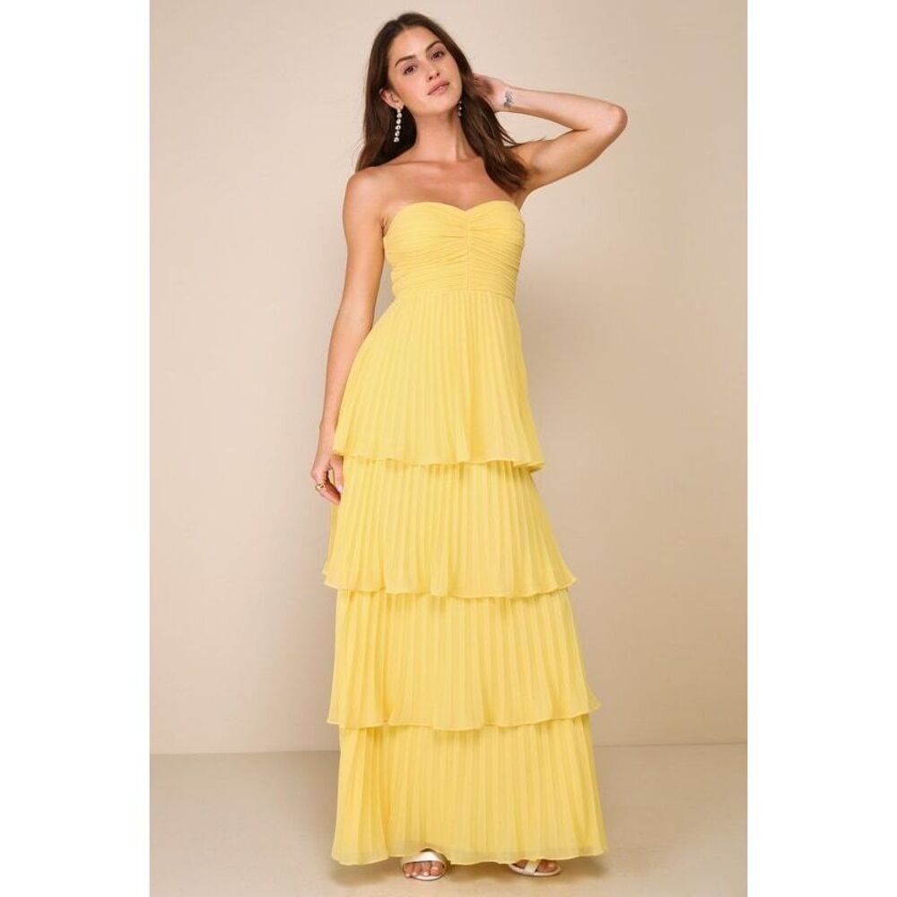 Lulus Seriously Sensational Yellow Strapless Tiered Maxi Dress - Size M